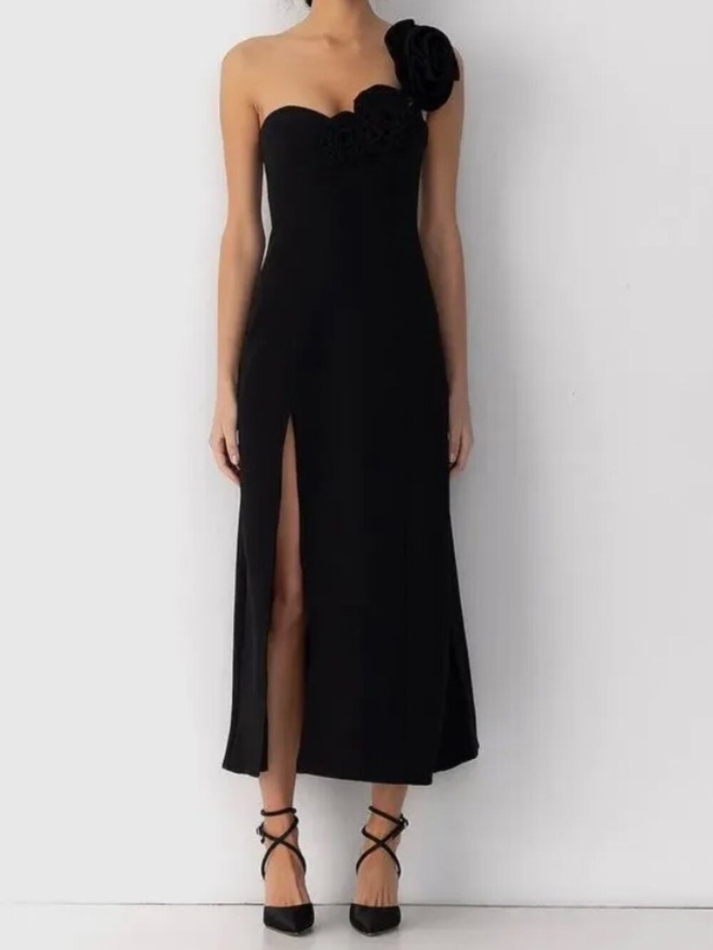 The Wolf Gang Black One Shoulder Rosette Midi Dress | Size S